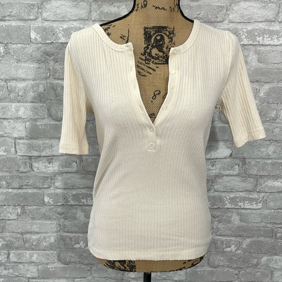 J.Crew Cream Ribbed Elbow-Sleeve Henley - Picture 1 of 7